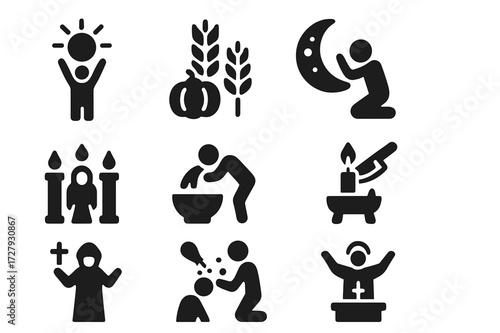Ritual Celebration Icons. Solid, filled icon set of ritual celebrations: solstice, equinox, harvest festival, moon ritual, initiation, cleansing, sacrifice,
