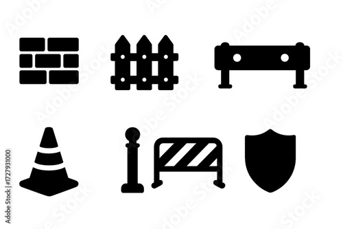 Protective Barriers Icons. Solid, filled icon set of protective barriers: wall, fence, guardrail, barrier tape, safety cone, bollard, metal gate, shield wall.