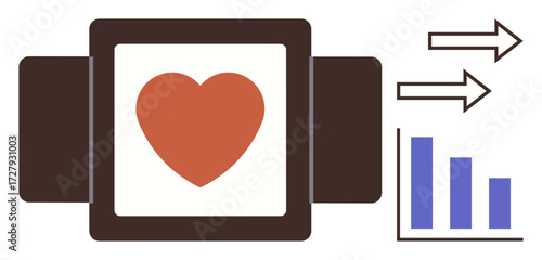 Heart on smartwatch display with arrows and bar chart representing health tracking, fitness goals, and data analysis. Ideal for technology, health, fitness, monitoring, analytics, medical care