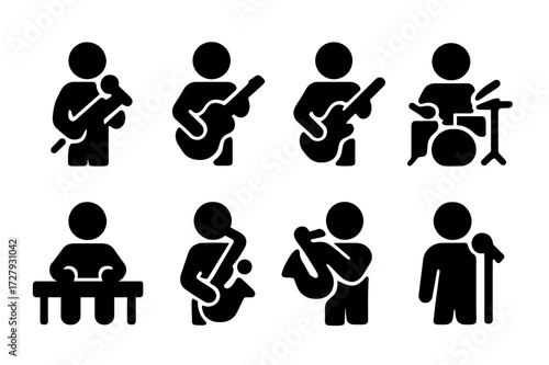 Band Member Icons. Solid, filled icon set of band members: lead singer, guitarist, bassist, drummer, keyboardist, saxophonist, trumpeter, backup vocalist.