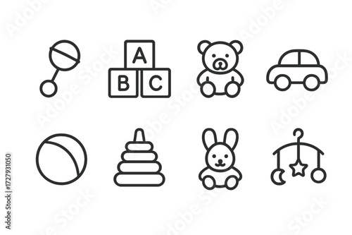 Baby Toys Icon Set. Outline icon set of baby toys: rattle, building blocks, teddy bear, toy car, ball, stacking rings, stuffed animal, mobile. Line icons in