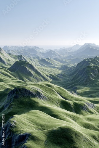 A wide view of green mountain ranges with undulating terrain under a clear sky, showcasing natural landscape.