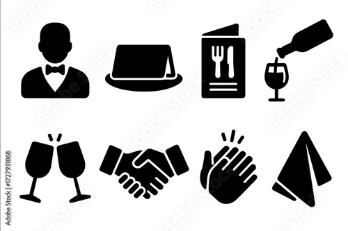 Dinner Etiquette Icons. Solid, filled icon set of dinner etiquette: waiter, place card, menu, wine pouring, toast, handshake, applause, napkin folding. Line