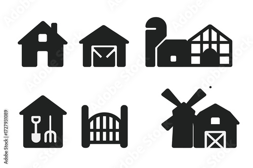 Farm Buildings Icons. Solid, filled icon set of landowner buildings: farmhouse, stable, silo, greenhouse, tool shed, fence gate, windmill, barn. Solid, filled