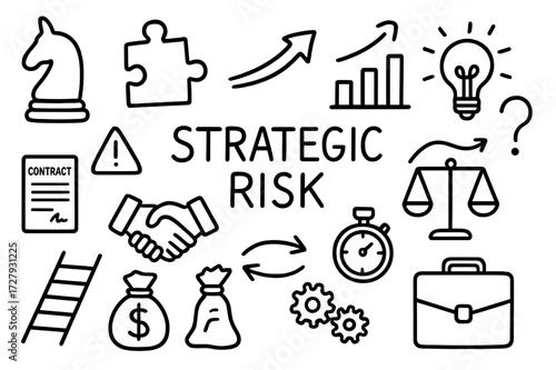 Strategic Risk Icons. Hand-drawn doodle illustration Strategic risk chess piece, puzzle piece, contract, handshake, ladder, chart, money bag, arrows, scale,