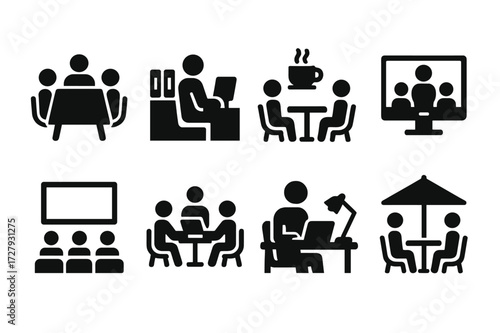Meeting Icons Collection. Solid, filled icon set of meeting settings: conference room, office, cafe, online platform, auditorium, coworking space, home office,