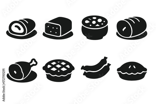 Traditional Meat Dishes Icons. Solid, filled icon set of traditional meat dishes: roast beef, meatloaf, beef stew, pork roast, lamb roast, chicken pot pie,