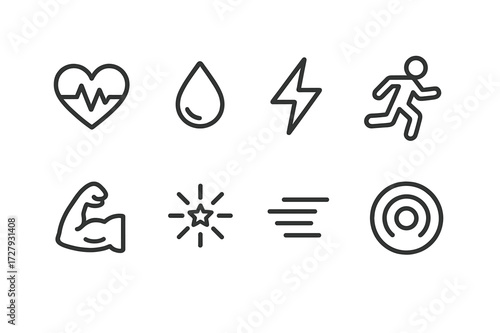 Adrenaline Icon Set. Outline icon set of adrenaline rush: heart beating, sweat drop, lightning bolt, running person, muscle flex, energy burst, speed lines,