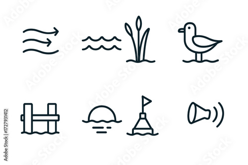 Pontoon Icon Set. Outline icon set of pontoon environment: river current, water waves, reeds, dock pilings, seagull, sunset, buoy marker, fog horn. Line icons