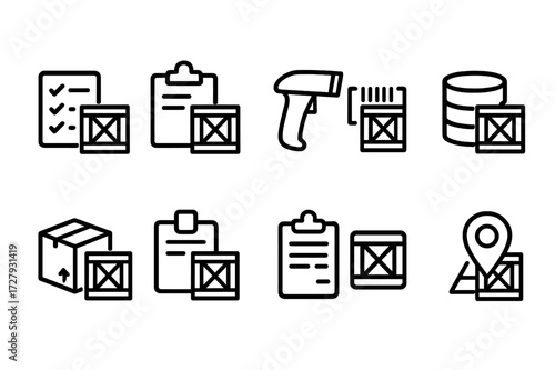 Weapon Crate Icons. Outline icon set of weapon crate inventory management: checklist, clipboard, barcode scanner, database, inventory box, shipping manifest,