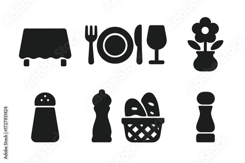 Buffet Table Icons. Solid, filled icon set of buffet tablesetting: tablecloth, plates, cutlery, glasses, centerpiece, salt shaker, pepper grinder, bread