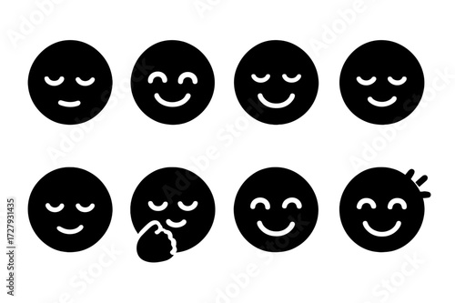 Emotions Icon Grid. Solid, filled icon set of relief emotions: calm, happy, relaxed, peaceful, content, comforted, relieved, refreshed. Solid, filled icons in