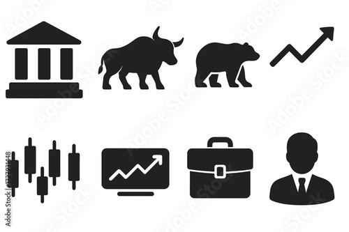 Stock Market Icons. Solid, filled icon set of stock market basics: stock exchange building, bull, bear, trading chart, candlestick graph, stock ticker,