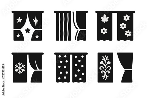 Seasonal Curtain Icons. Solid, filled icon set of seasonal curtains: holiday drape, summer sheer, autumn curtain, spring floral curtain, winter thermal,