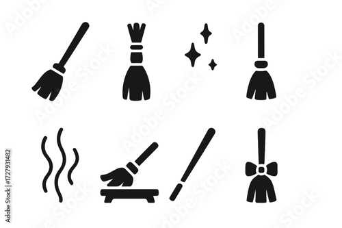 Ritual Broom Icons. Solid, filled icon set of ritual broom elements: traditional broom, tied straw, wooden handle, hanging broom, magic sparkles, cleansing
