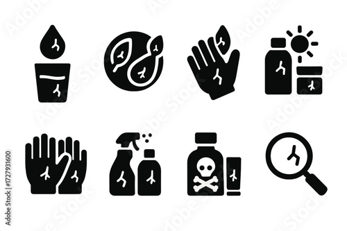 Cracked Skin Care Icons. Solid, filled icon set of cracked skin lifestyle tips: hydration, balanced diet, protective gloves, avoiding irritants, gentle