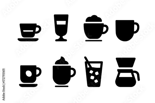 Coffee Icons Grid. Solid, filled icon set of coffee types: espresso, latte, cappuccino, americano, macchiato, mocha, cold brew, drip coffee. Solid, filled