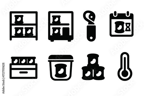 Canned Beans Icons. Solid, filled icon set of canned beans storage: pantry shelf, refrigerator, can opener, expiration date label, storage box, airtight