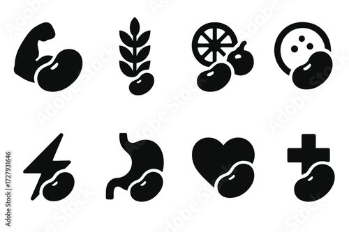 Bean Nutrition Icons. Solid, filled icon set of bean nutrition: protein, fiber, vitamins, mineral salts, antioxidants, energy, digestive health, heart health.