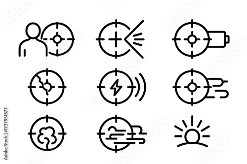 Night Vision Icons. Outline icon set of night vision threats: counter-surveillance, glare, low battery, sensor damage, electronic interference, fog, smoke,