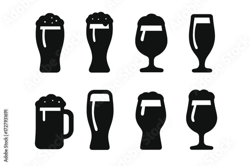 Beer Icons Collection. Solid, filled icon set of beer types: lager, ale, stout, pilsner, porter, wheat beer, IPA, craft beer glass. Solid, filled icons in only