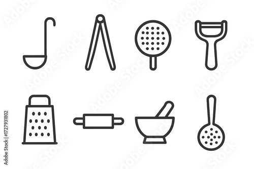 Cooking Utensil Icons. Outline icon set of cooking utensils: ladle, tongs, sieve, peeler, grater, rolling pin, mortar and pestle, skimmer. Line icons in only