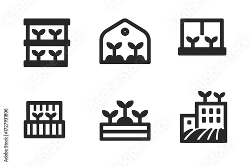 Sprouting Environments Icons. Solid, filled icon set of sprouting environments: indoor garden, greenhouse, kitchen windowsill, balcony, garden bed,