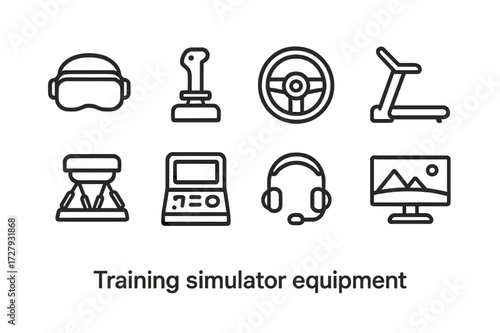 Training Simulator Icons. Outline icon set of training simulator equipment: VR headset, flight joystick, steering wheel, treadmill, motion platform, control