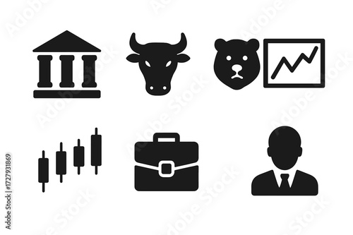 Stock Market Icons. Solid, filled icon set of stock market basics: stock exchange building, bull, bear, trading chart, candlestick graph, stock ticker,