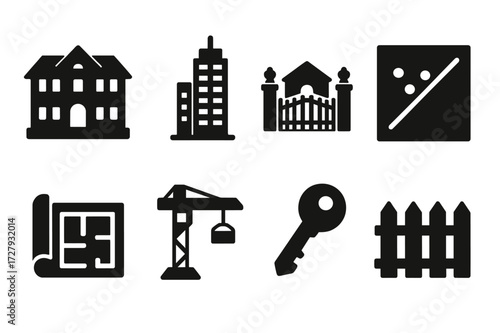 Oligarch Real Estate Icons. Solid, filled icon set of oligarch property and real estate: mansion, skyscraper, gated estate, land plot, blueprint, construction