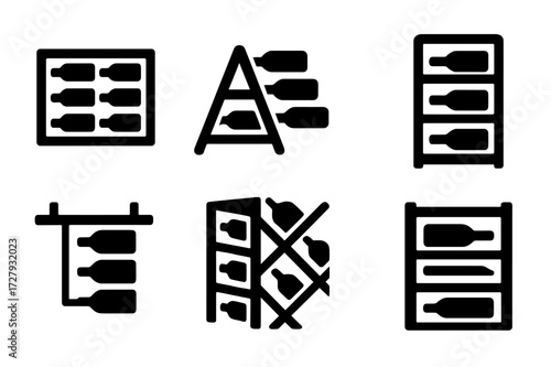 Wine Rack Icons. Solid, filled icon set of wine rack types: wall-mounted rack, countertop rack, freestanding rack, modular rack, hanging rack, corner rack,