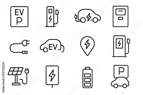 Public Charging Icons. Public charging. Line icon set of public charging: EV parking spot, charging pole, car plugged in, payment kiosk, charging cable, EV