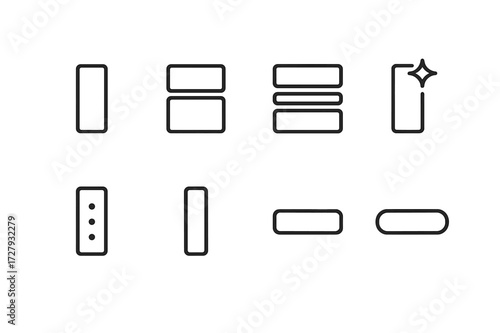 Bar Icon Collection. Outline icon set of bar symbol styles: classic single bar, double layered bar, triple stacked bar, bar with shine, bar with dots, vertical