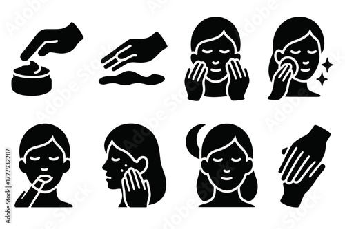 Cream Balm Icon Set. Solid, filled icon set of cream balm application: finger applying cream, spreading cream, massaging balm, cleansing skin, moisturizing