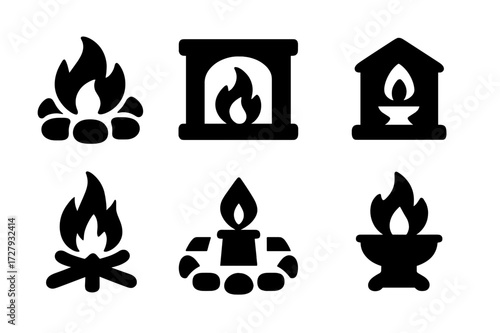 Sacred Fire Icons. Solid, filled icon set of sacred fire locations: fire pit, hearth, shrine flame, temple flame, outdoor bonfire, ritual circle, altar flame,