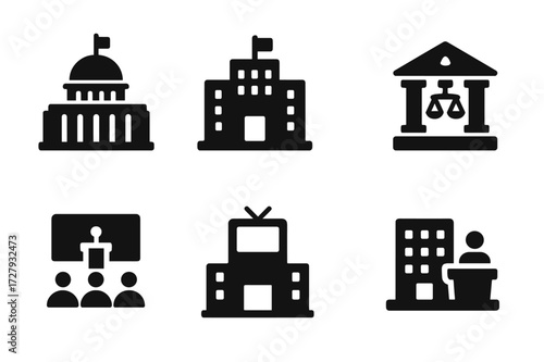 Lobbying Locations Icons. Solid, filled icon set of lobbying locations: parliament building, government office, courthouse, embassy, conference hall, media