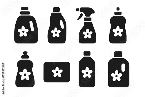 Unscented Products Icons. Solid, filled icon set of unscented household products: unscented detergent, unscented fabric softener, unscented cleaning spray,