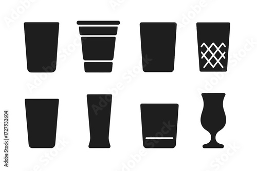 Black Drinkware Icons. Solid, filled icon set of highball drinkware: glass tumbler, plastic cup, frosted glass, etched glass, colored glass, tall glass, short