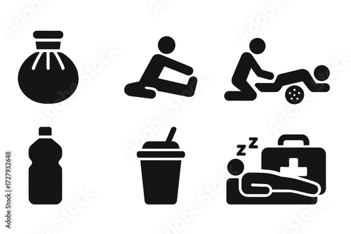 Marathon Recovery Icons. Solid, filled icon set of marathon recovery: ice pack, stretching, massage, foam roller, water bottle, protein shake, rest, medical