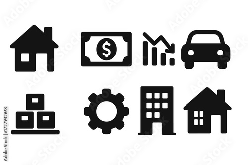 Bankruptcy Assets Icons. Solid, filled icon set of bankruptcy assets: property, cash, stocks, bonds, vehicle, inventory, machinery, real estate. [Solid, filled