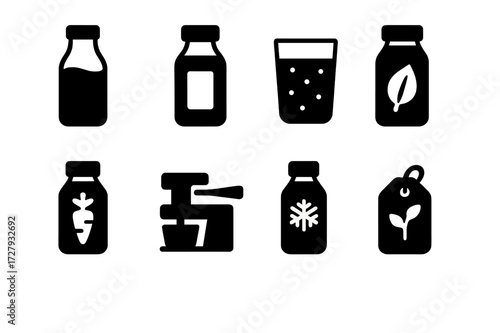 Cold-Pressed Juice Icons. Solid, filled icon set of cold-pressed juices: juice in glass bottle, labeled juice bottle, pulp-free juice, green cold-pressed, root