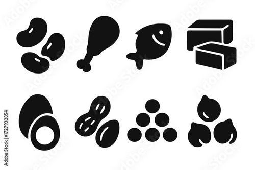 Protein Source Icons. Solid, filled icon set of protein sources: black beans, chicken, fish, tofu, eggs, nuts, lentils, chickpeas. [Line icons in only black