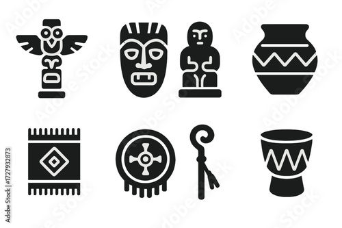 Cultural Icon Grid. Solid, filled icon set of cultural symbols: totem pole, tribal mask, ancient statue, traditional pottery, ethnic textile, historic emblem,