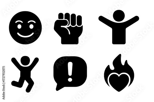 Boldness Icon Set. Solid, filled icon set of boldness emotions: confident smile, clenched fist, fierce glare, open arms, jumping figure, exclamation bubble,