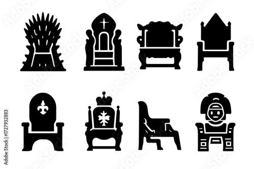 Icon Set of Thrones. Solid, filled icon set of famous thrones: iron throne, st. peter?s throne, imperial throne of china, english throne, french throne,