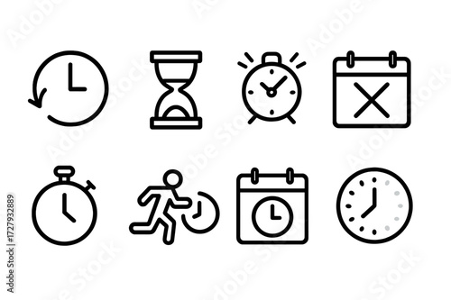 Time Management Icons. Outline icon set of losing time: clock with backward arrow, hourglass empty, missed alarm, calendar crossed, stopwatch paused, late