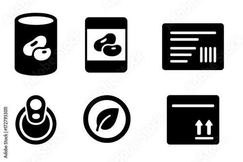 Baked Beans Icon Set. Solid, filled icon set of baked beans packaging: tin can, label, nutrition facts, barcode, pull tab, sealed lid, eco-friendly mark,