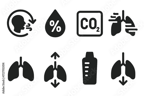 Breath Measurement Icons. Solid, filled icon set of breath measurement units: breaths per minute, oxygen saturation, CO2 level, airflow volume, tidal volume,