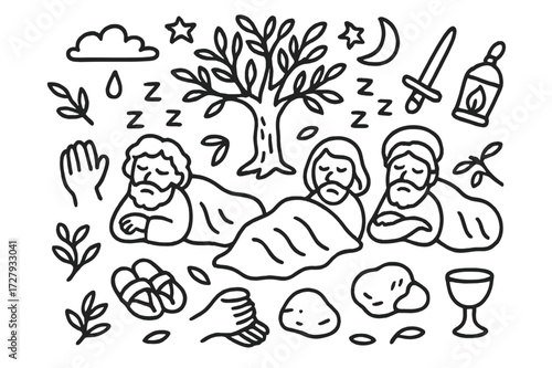 Sleeping Disciples Doodle. Hand-drawn doodle illustration Disciples sleeping in Gethsemane three figures sleeping, olive tree, stars, moon, rock, lantern,