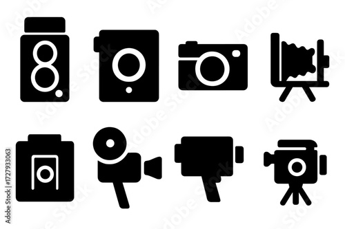 Vintage Camera Icons. Solid, filled icon set of film and vintage cameras: twin-lens reflex, box camera, rangefinder, folding camera, plate camera, 8mm camera,